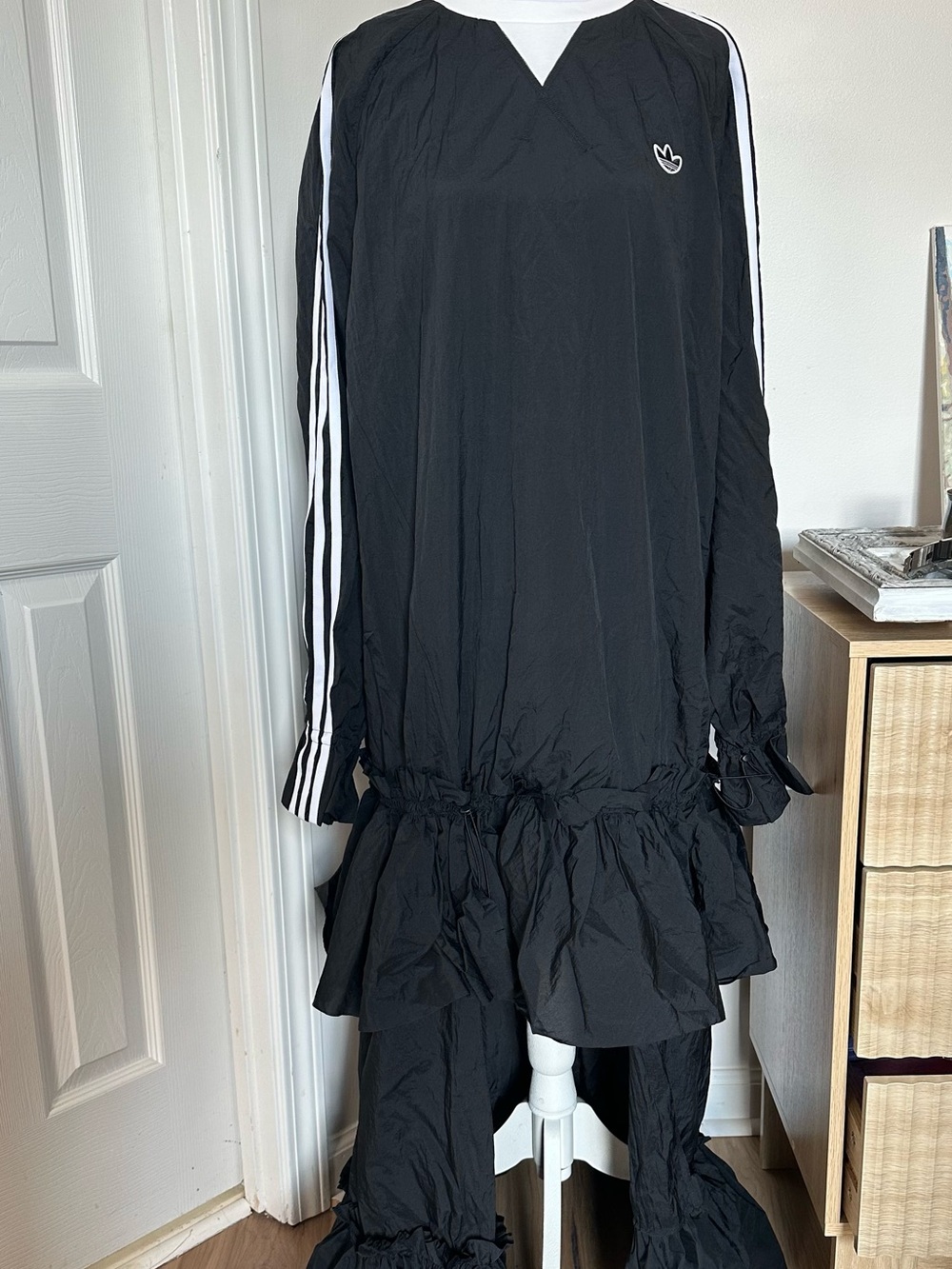 adidas Black Maxi Dress with White Three-Stripes and Ruffle Hem